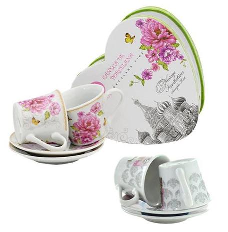 Jogo de Xícara para Cafe de Porcelana Fina Flores com 4 Pecas 80Ml - Wincy