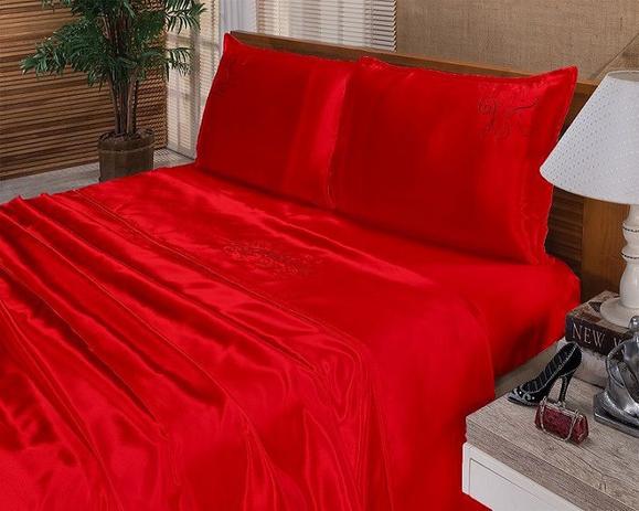 Jogo Lençol Bordado Casal Queen Cetim Seda Vermelho 4 Peças - Confecções elba Menor preço em Jogo Lençol Bordado Casal Queen Cetim Seda Vermelho 4 Peças - Confecções elba