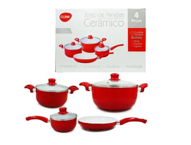 Jogo Panelas 4 Peças Antiaderente Cerâmica vermelho - Clink Menor preço em Jogo Panelas 4 Peças Antiaderente Cerâmica vermelho - Clink