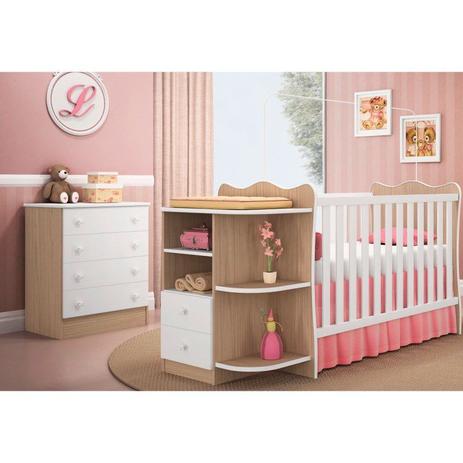 Jogo Quarto Infantil Cômoda e Berço com Cantoneira Doce Sonho Carvalho/Branco - Qmovi Menor preço em Jogo Quarto Infantil Cômoda e Berço com Cantoneira Doce Sonho Carvalho/Branco - Qmovi