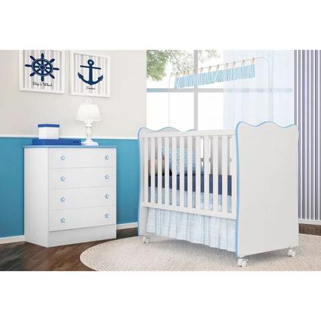Jogo Quarto Infantil Cômoda e Berço Simples Doce Sonho Branco/Azul - Qmovi Menor preço em Jogo Quarto Infantil Cômoda e Berço Simples Doce Sonho Branco/Azul - Qmovi