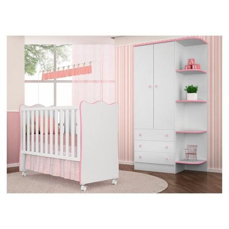 Jogo Quarto Infantil Guarda Roupa e Berço Simples Doce Sonho Branco/Rosa - Qmovi Menor preço em Jogo Quarto Infantil Guarda Roupa e Berço Simples Doce Sonho Branco/Rosa - Qmovi