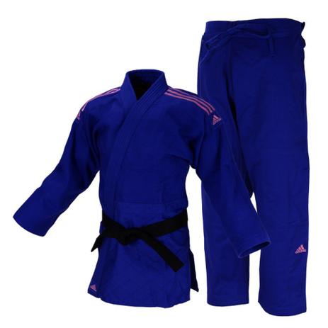 Kimono Judô Adidas Quest J690 Azul com Faixas Bordadas Rosa Menor preço em Kimono Judô Adidas Quest J690 Azul com Faixas Bordadas Rosa