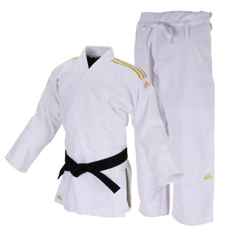 Kimono Judô Adidas Quest J690 Branco com Faixas Bordadas em Dourado Menor preço em Kimono Judô Adidas Quest J690 Branco com Faixas Bordadas em Dourado