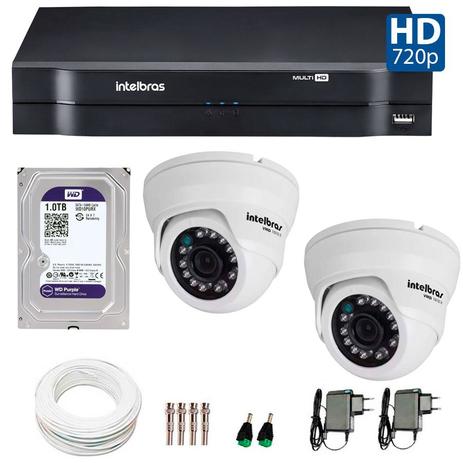 Menor preço em Kit 02 Câmeras de Segurança Dome HD 720p Intelbras VMH 1010 + HD para Gravação 1TB + DVR Intelbras Multi HD + Acessórios