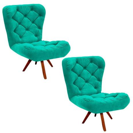 Kit 02 Poltronas Decorativa Botonê Iris Suede Verde Tiffany com Base Giratória de Madeira - D'Rossi - Ibiza Menor preço em Kit 02 Poltronas Decorativa Botonê Iris Suede Verde Tiffany com Base Giratória de Madeira - D'Rossi - Ibiza