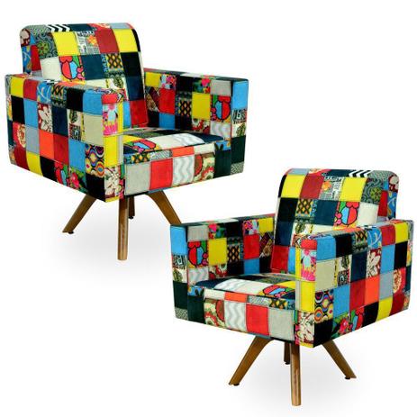 Kit 02 Poltronas Decorativas Giratória Sala de Estar Base de Madeira Helô Patchwork - Lyam Decor Menor preço em Kit 02 Poltronas Decorativas Giratória Sala de Estar Base de Madeira Helô Patchwork - Lyam Decor