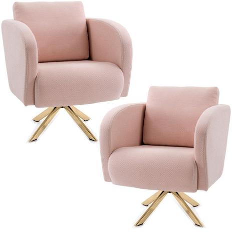 Kit 02 Poltronas Decorativas Sala de Estar Dama Base Giratória Dourado Algodão Rosa - Gran Belo Menor preço em Kit 02 Poltronas Decorativas Sala de Estar Dama Base Giratória Dourado Algodão Rosa - Gran Belo