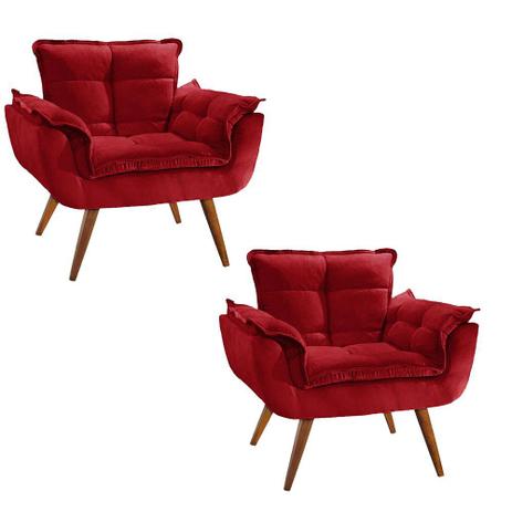 Kit 02 Poltronas Opalla com Pés Madeira Suede Vermelho Menor preço em Kit 02 Poltronas Opalla com Pés Madeira Suede Vermelho