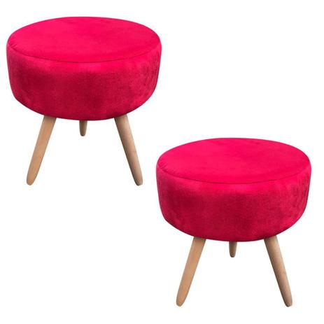 Menor preço em Kit 02 Puff Banqueta Berlim Redondo Suede Vermelho Pés Natural - DRossi