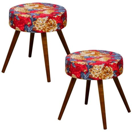 Kit 02 Puffs Banqueta Alta Tecido Vermelho Estampado Pés Palito - Lyam Decor Menor preço em Kit 02 Puffs Banqueta Alta Tecido Vermelho Estampado Pés Palito - Lyam Decor