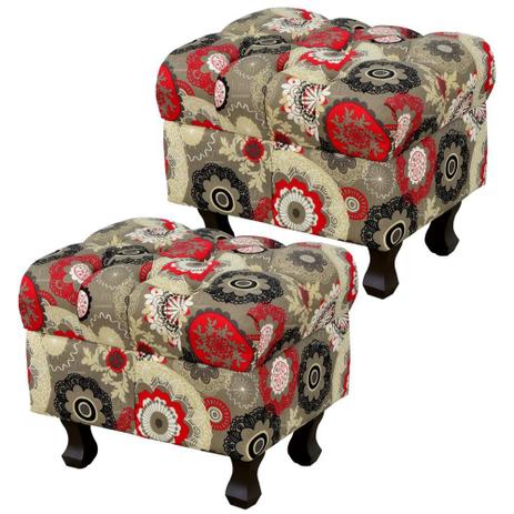 Kit 02 Puffs París Luis Xv Capitone Floral Vermelho Pés Madeira - Lymdecor Menor preço em Kit 02 Puffs París Luis Xv Capitone Floral Vermelho Pés Madeira - Lymdecor