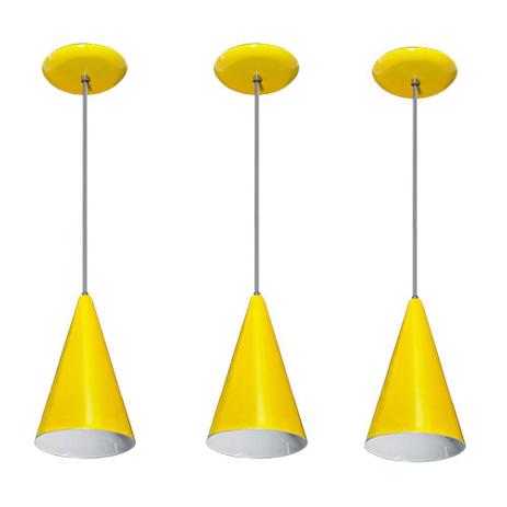 Kit 03 pendentes de alumínio modelo cone - ideal para balcão / bancada - Amarelo - Fortlux Menor preço em Kit 03 pendentes de alumínio modelo cone - ideal para balcão / bancada - Amarelo - Fortlux