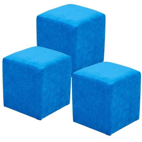 Kit 03 Puff Quadrado Decorativo Tecido Azul Royal - Lyam Decor Menor preço em Kit 03 Puff Quadrado Decorativo Tecido Azul Royal - Lyam Decor