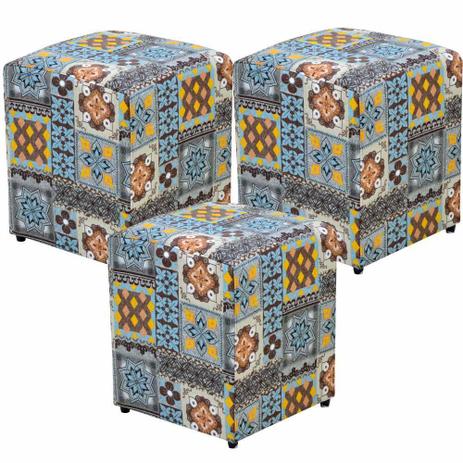Kit 03 Puffs Quadrado Decorativo Tecido Azul Cinza - Lymdecor é boa?