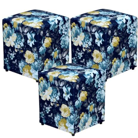 Kit 03 Puffs Quadrado Decorativo Tecido Azul Estampado - Lyam Decor Menor preço em Kit 03 Puffs Quadrado Decorativo Tecido Azul Estampado - Lyam Decor