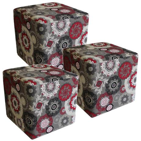 Kit 03 Puffs Quadrado Decorativo Tecido Floral Vermelho - Lyam Decor Menor preço em Kit 03 Puffs Quadrado Decorativo Tecido Floral Vermelho - Lyam Decor