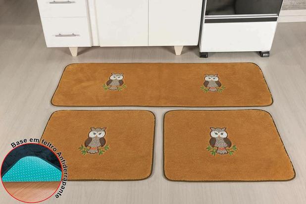 Kit 03 Tapetes Cozinha Coruja Caramelo Premium Antiderrapante Macio - Guga tapetes é boa?
