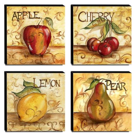 Kit 04 Quadros Cozinha Vintage Frutas Canvas 30x30cm-COZ27 - Lubrano Decor Menor preço em Kit 04 Quadros Cozinha Vintage Frutas Canvas 30x30cm-COZ27 - Lubrano Decor