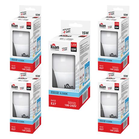 Kit 05 Lâmpadas Led Bulbo Kian 15w Branca 6500k Bivolt Menor preço em Kit 05 Lâmpadas Led Bulbo Kian 15w Branca 6500k Bivolt