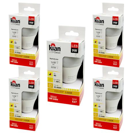 Kit 05 Lâmpadas Led Bulbo Kian 9w Amarela 3000k Bivolt Menor preço em Kit 05 Lâmpadas Led Bulbo Kian 9w Amarela 3000k Bivolt