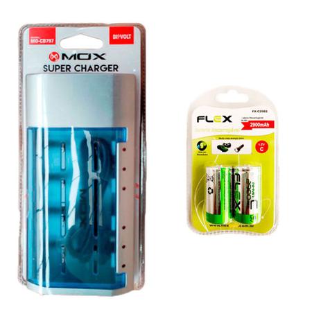 Kit 1 Carregador Universal + 2 Unidades Pilha Recarregável tipo C 2900MAH Flex Menor preço em Kit 1 Carregador Universal + 2 Unidades Pilha Recarregável tipo C 2900MAH Flex