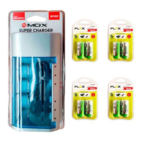 Kit 1 Carregador Universal + 8 Unidades Pilha Recarregável tipo C 2900MAH Flex Menor preço em Kit 1 Carregador Universal + 8 Unidades Pilha Recarregável tipo C 2900MAH Flex