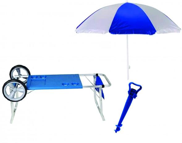 Kit 1 Carrinho de Praia + 1 Guarda Sol Azul/Branco + 1 Saca Areia c/ Suporte - Mor Menor preço em Kit 1 Carrinho de Praia + 1 Guarda Sol Azul/Branco + 1 Saca Areia c/ Suporte - Mor