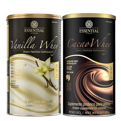 Kit 1 Un Cacao Whey 450g + 1 Un Vanilla whey 450g Essential - Essential nutrition Menor preço em Kit 1 Un Cacao Whey 450g + 1 Un Vanilla whey 450g Essential - Essential nutrition