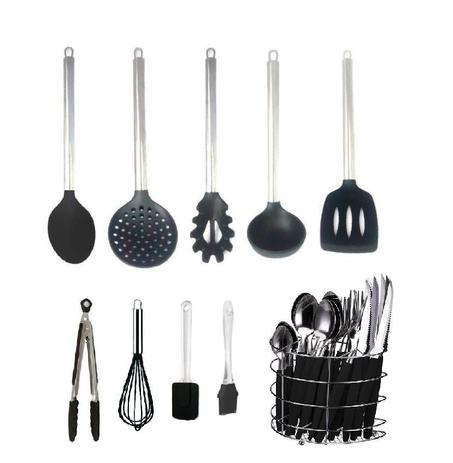 Kit 10 Colheres Silicone Preto Cabo Inox Utensílios - Clink Menor preço em Kit 10 Colheres Silicone Preto Cabo Inox Utensílios - Clink