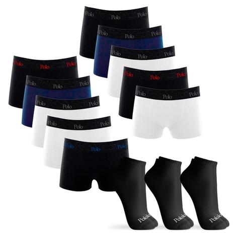Kit 10 Cuecas Boxer de Cotton 4.0 com 3 Pares de Meia Cano Curto Preta G - POLO Match Menor preço em Kit 10 Cuecas Boxer de Cotton 4.0 com 3 Pares de Meia Cano Curto Preta G - POLO Match