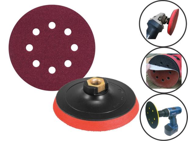 Kit 10 Discos Lixas para Lixadeiras roto orbital 125mm + Suporte Furadeira/Esmerilhadeira - ROCHA Menor preço em Kit 10 Discos Lixas para Lixadeiras roto orbital 125mm + Suporte Furadeira/Esmerilhadeira - ROCHA