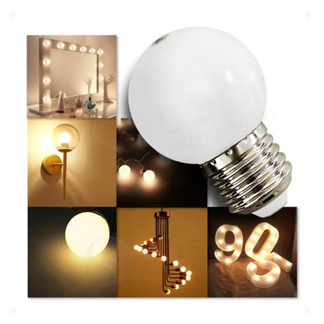Kit 10 Lâmpadas LED Bolinha 2,5W 220V E27 Branca Quente/3000K - Ideal para Espelhos/Camarim/Lustres - GALAXY LED Menor preço em Kit 10 Lâmpadas LED Bolinha 2,5W 220V E27 Branca Quente/3000K - Ideal para Espelhos/Camarim/Lustres - GALAXY LED