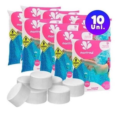 Kit 10 pastilhas tabletes cloro 200g tripla ação p/ piscina - MONTREAL Menor preço em Kit 10 pastilhas tabletes cloro 200g tripla ação p/ piscina - MONTREAL