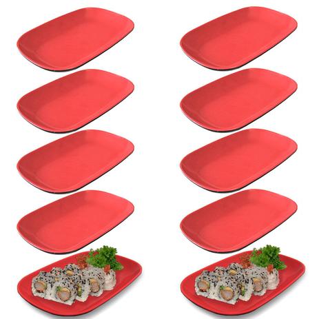 Kit 10 Pratos Ovais em Melamina/Plastico para Sushi Vermelho com Preto Fuxing é ruim? Kit 10 Pratos Ovais em Melamina/Plastico para Sushi Vermelho com Preto Fuxing é boa?