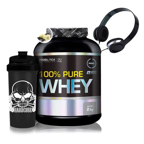 Kit 100 Pure Whey 2kg + Fone + Coq - Probiótica - Probiotica Menor preço em Kit 100 Pure Whey 2kg + Fone + Coq - Probiótica - Probiotica