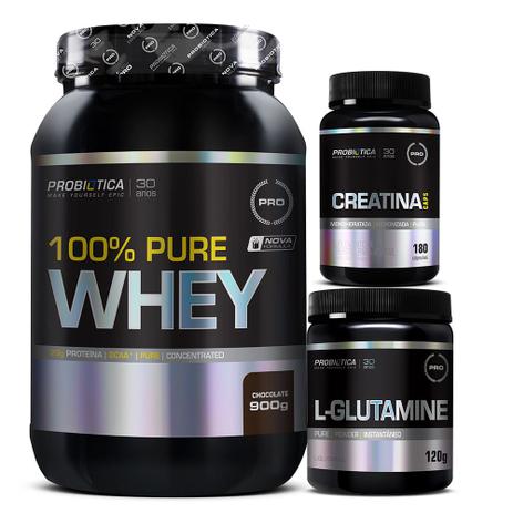 Kit 100 Pure Whey 900g + Glutamine + Creatina - Probiotica - Probiótica Menor preço em Kit 100 Pure Whey 900g + Glutamine + Creatina - Probiotica - Probiótica