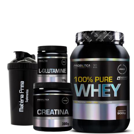 Kit 100 pure whey(900g) morango + creatina(300g) + l-glutamina(120g) - Probiotica Menor preço em Kit 100 pure whey(900g) morango + creatina(300g) + l-glutamina(120g) - Probiotica