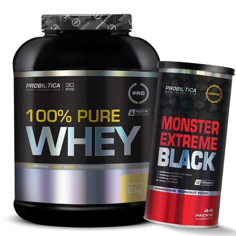 Kit 100 Pure Whey + Monster Extreme Black 44 - Probiótica Menor preço em Kit 100 Pure Whey + Monster Extreme Black 44 - Probiótica