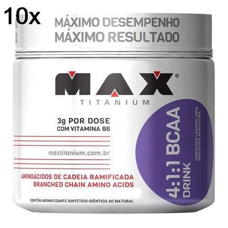 Kit 10X BCAA 4:1:1 - 280g Drink Uva - Max Titanium Menor preço em Kit 10X BCAA 4:1:1 - 280g Drink Uva - Max Titanium