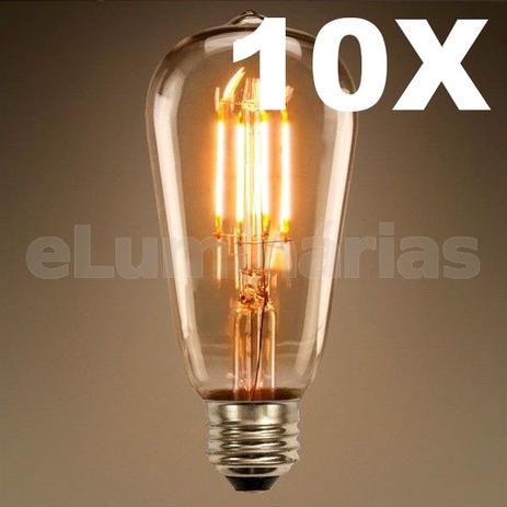 Kit 10X Lâmpadas Led 4W ST64 Bivolt Vintage Retrô Industrial Design Thomas Edison Filamento LED 2200K Carbono LM1744 - Eluminarias Menor preço em Kit 10X Lâmpadas Led 4W ST64 Bivolt Vintage Retrô Industrial Design Thomas Edison Filamento LED 2200K Carbono LM1744 - Eluminarias