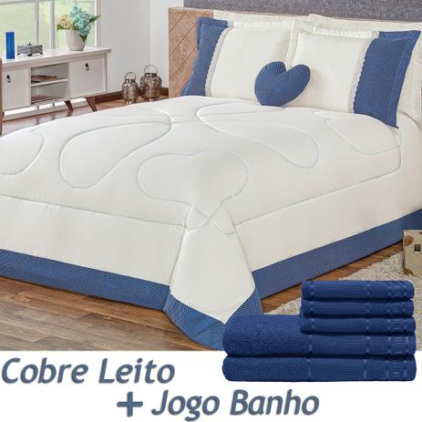 Kit 11 Peças Combo Cobre Leito c/ Almofada + Jogo de Banho Amore Azul Queen Percal 180 Fios - Dourados enxovais Menor preço em Kit 11 Peças Combo Cobre Leito c/ Almofada + Jogo de Banho Amore Azul Queen Percal 180 Fios - Dourados enxovais