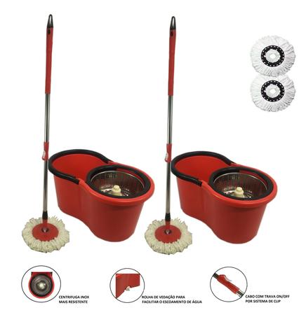 Kit 2 Balde Mop Centrifuga Inox E Cabo C/ 2 Refis - Vermelho - Newmix Menor preço em Kit 2 Balde Mop Centrifuga Inox E Cabo C/ 2 Refis - Vermelho - Newmix