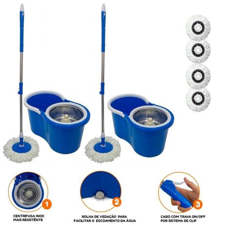 Kit 2 Baldes Mop Spin Centrifuga Inox E Cabo Com 4 Refis - Newmix Menor preço em Kit 2 Baldes Mop Spin Centrifuga Inox E Cabo Com 4 Refis - Newmix