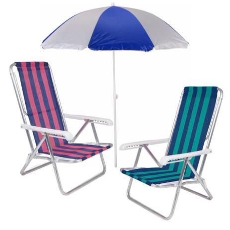Kit Cadeira de Alumínio Cores Sortidas + Guarda-Sol 1,80 Metro Cores  Sortidas + Caixa Térmica 26 Litros Azul - MOR - Mor