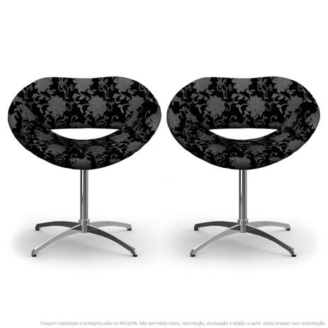 Kit 2 Cadeiras Beijo Floral Cinza e Preto Poltrona Decorativa com Base Giratória - Lubrano decor Menor preço em Kit 2 Cadeiras Beijo Floral Cinza e Preto Poltrona Decorativa com Base Giratória - Lubrano decor