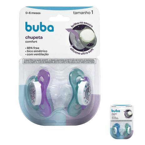 Kit 2 Chupetas Silicone Bico Simétrico Brilha no Escuro Noturna Fase 1 Buba Menor preço em Kit 2 Chupetas Silicone Bico Simétrico Brilha no Escuro Noturna Fase 1 Buba