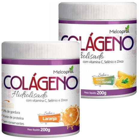 Kit 2 Colágeno Hidrolisado em pó com Vitamina C, Selênio e Zinco Sabor Abacaxi com Hortelã e Laranja 400g Melcoproll Menor preço em Kit 2 Colágeno Hidrolisado em pó com Vitamina C, Selênio e Zinco Sabor Abacaxi com Hortelã e Laranja 400g Melcoproll