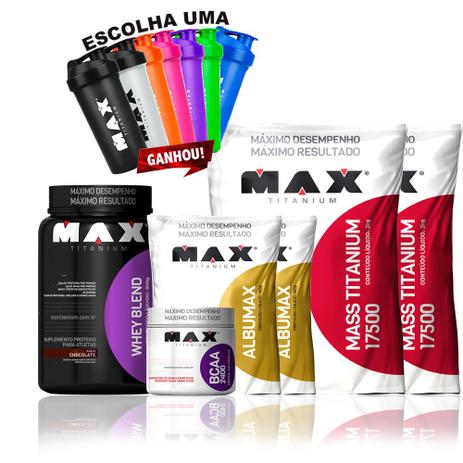 kit 2 mass titanium 3k + 2 Albumax + BCCA 450+ Whey Blend - Max titanium Menor preço em kit 2 mass titanium 3k + 2 Albumax + BCCA 450+ Whey Blend - Max titanium