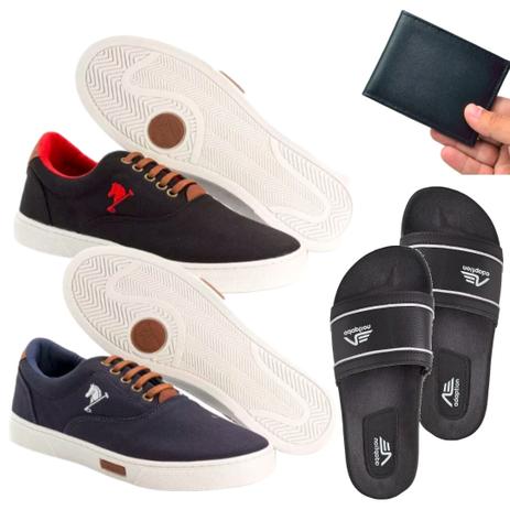 Kit 2 Pares Tênis Sapatenis Polo Chinelo Carteira Preto MAR - Polo joy Menor preço em Kit 2 Pares Tênis Sapatenis Polo Chinelo Carteira Preto MAR - Polo joy